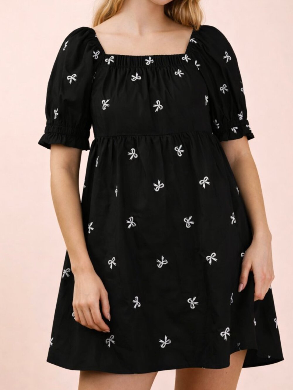 New Me Black White Bow Embroidered Puff Dress NEW